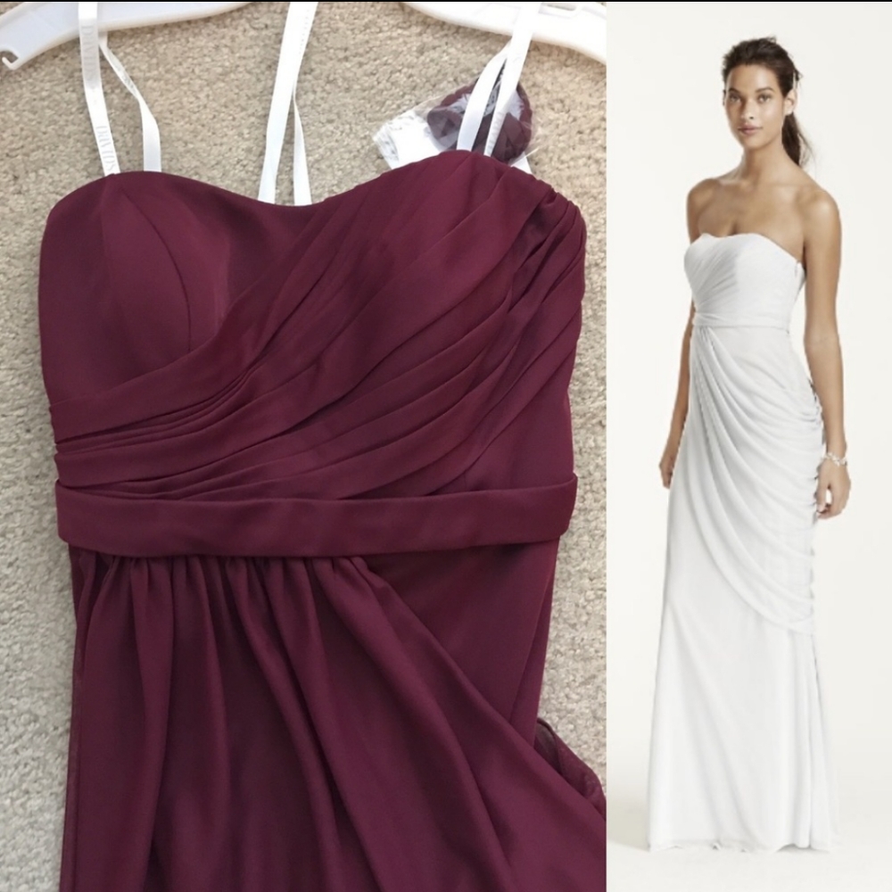 David's Bridal Long Grecian Strapless Dress-  Wine